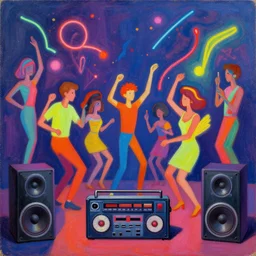 minimalistic, party, neon, colorful, party happy dancing boys and girls, mixtape, loudspeakers, music, stunning, award, hdr, 8 k, artstation, winning masterpiece by marc simonetti, by moebius and basquiat ( ( ( ( picasso ) ) ) ), oil on canvas