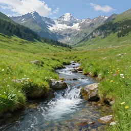 natural mountain spring, gush, small river, creek, high mountains, green meadow, alps, pyranees, digital painting, photorealism, hudson river school, realistic lighting, idyll
