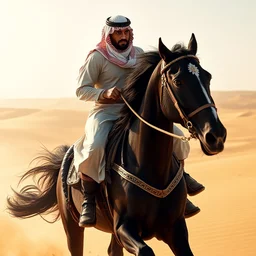 a desert concept art with an arab warrior wearing a white and red arab keffiyeh riding a black horse running from left to right wide shot, cinematic, ultra real, 4 k, highly detail