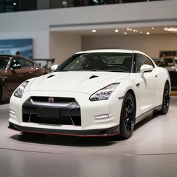 105mm photograph f1.8 full view mid distance front side view white Nissan GT-R showroom beautiful lighting from 2005