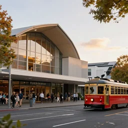 gezellig cosy realistic art of christchurch new zealand. shows te pae christchurch convention centre, turanga library, and christchurch tram. high quality 8 k art beautiful stunning. wonderful. utopian. uplifting. happy. ecstatic.