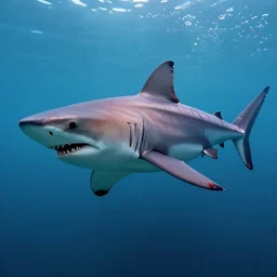 an anthro shark swimming in the ocean covered in blood, photorealistic, 4K, award-winning