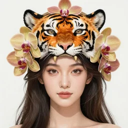realistic detailed face of the beautiful goddess of orchids with a giant tiger head headdress by alphonse mucha, ayami kojima, amano, greg hildebrandt, mark brooks, and ernst haeckel, golden ratio, art nouveau, neo - gothic, gothic, neoclassical,