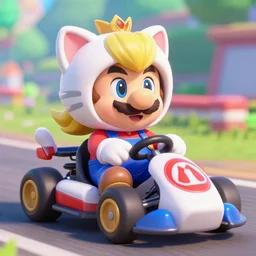waluigi from mario kart wearing a cat costume from peach, epic, unreal engine