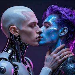 hyperrealistic close-up of cyborg albino man kissing another man with purple hair and pearlescent blue skin james paick machiej kuciara very dramatic neon lighting on one side wide angle 35mm shallow depth of field