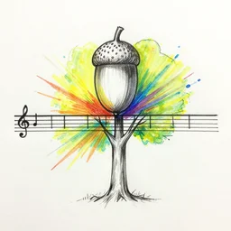 sketch single line drawing with burst of color acorn that turns into a tree and creates a treble clef dividing line through the center vertical, color bursts when crossing center line to either side