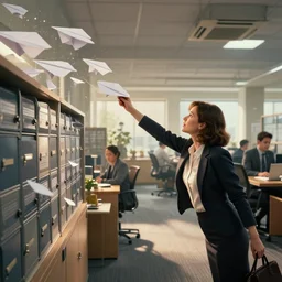 epic masterpiece of cinematographic hyperrealism where a lady in an office is sending multiple paper planes at once to mailboxes within an office. realistic shaded lighting poster by craig mallismo, artgerm, jeremy lipkin and michael garmash, unreal engine, radiant light, detailed and intricate environment, digital art, art station trends