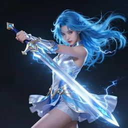 the beautiful girl blue hair dances with electricity, her sword a blade made of light, her armor gleams with power, her blue eyes gazed upon the horde of monster in front of her fearlessly, digital art, official, intricate detail, by artgerm