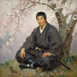 an oil painting of a male samurai warrior sitting under a cherry tree with white blossoms, edward robert hughes, tony sart