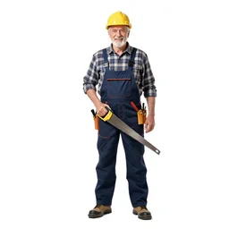 elderly carpenter holding a saw, photorealistic portrait photography, full body, standing, isolated on a pure white background, centered, whole figure in frame, sharp focus, studio lighting