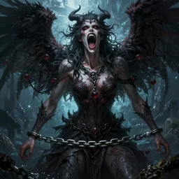 lucifer, dark angel, satan, red eyes, chain, handcuffs, large chain, wide open mouth, scream, cruelty, sad, sea bottom, light effect, hyper detailed, intricate, elegant, highly detailed, digital painting, artstation, concept art, matte, sharp focus, illustration, by dan mumford, yusuke murata, makoto shinkai, ross tran