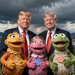 close upt of donald trump and greta thunberg muppets, wool, buttons, dslr photo