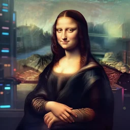 a futuristic still of cyberpunk monalisa in a cyberpunk city, 8k, trending on artstation, highly detailed, 3d octane render