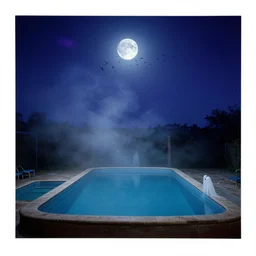 swarm of birds, blue moon, ghosts, vintage swimming pools, fog, moon rays through the fog, night sky, violet stars, deep blue mood, contemporary archival color photograph print from the original negative, by stanley kubrick
