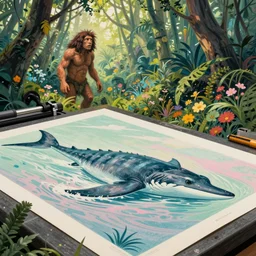 risograph, painting of a prehistoric caveman, thick jungle, wild flowers, pastel colors, swimming to escape plesiosaurus by moebius and lehr paul and kim jung gi