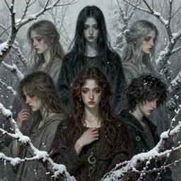 december, january and february as deities, varied hair colors, somber, mournful, style mix of æon flux, shepard fairey, botticelli, john singer sargent, pre - raphaelite, shoujo manga, branches, snow, ice, dark muted colors, superfine ink detail, ethereal, 4 k photorealistic, arnold render