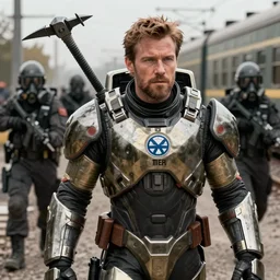 vfx movie closeup real life gordon freeman holding wearing futuristic armor, half life logo on chest, crowbar in russian train yard swat team in gas masks approaching by emmanuel lubezki