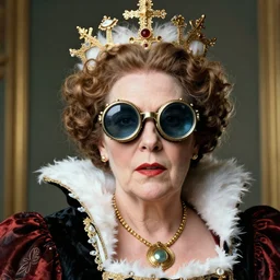 the queen wearing big steampunk googles, colored photo by gustave baumann