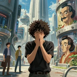 a curly - haired persian guy begging to get into a futuristic building by david a hardy, noriyoshi ohrai, gary ruddell, ( greg rutkowski ), salvador dali, moebius, makoto shinkai, highly detailed, cinematic composition, trending on artstation