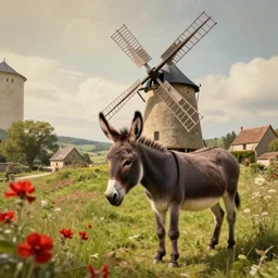 Village observes beautiful donkey standing near a windmill, spots of red flowers nearby, medieval french landscape, Carcassonne, cozy wallpaper, 4k, high details, volumetric dynamic lighting, motion blur, blur, trending on Artstation, award-winning