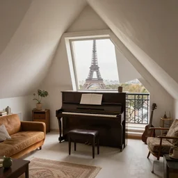parisian studio attic with a piano and a balcony and eiffel view, decorated with vintage furniture, has a window on roof, cosy vibes, real photo, wide angle lens