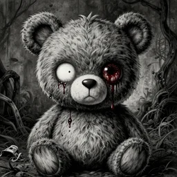 grunge cartoon drawing of a teddy bear with bloody eyes by - invader zim, loony toons style, horror theme, detailed, elegant, intricate