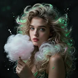 a dramatic lighting photo of a beautiful young woman with cotton candy hair. paint splashes. moody, melanchonic. with a little bit of green and black