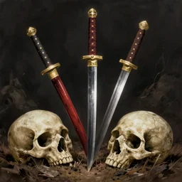 a beautiful masterpiece of three samurai swords stuck in the ground, giant skull laying deep in the ground, anime, studio ghibli, joao ruas, by joao ruas, realistic shaded lighting, rich detail, fine detail, dramatic, atmospheric, trending on artstation, artgerm, rob rey