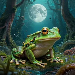 the horror in the woods, the world’s greatest drawing of a frog, 4000 meters above the bottom of the ocean, cinematic, hyper realism, high detail, octane render, unreal engine, 8k, vibrant color, the inhabitants of the Moon resembled large serpents with a spongy, porous skin, Integrating with Technology, by dom qwek and andrea chiampo