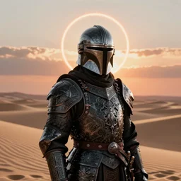 medieval russian black knight armour with Mandalorian helmet, ornate filigree armor, desert dunes, sunset clouds, sunset halo behind head, hypermaximalist, fantasy character concept, dynamic lighting, blurry, sharp focus, illustration, art by artgerm and greg rutkowski and alphonse mucha