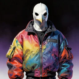 illustration of model in plastic bird mask wearing baggy colorful 9 0 s rick owens jacket by frank frazetta. sci fi book cover.