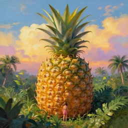 closeup, gigantic pineapple head, girl surrounded by djungle, surreal photography, golden hour, colorful clouds, impressionist painting, digital painting, artstation, simon stalenhag