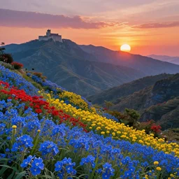 carphathian mountains, sunset, ( blue flowers ), ( red flowers ), ( yellow flowers ), castle in distance, illustration, intricate, hyper - detailed, concept art, smooth, sharp focus, ray tracing, vibrant, photorealistic, by jessica rossier