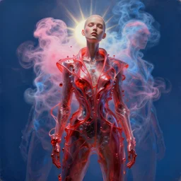 3 d, pink and blue smoke, sun rays, fashion model, plastic, liquid red metal, poster art, high detail, intricate oil painting, multiple exposure, deep blue mood, hyperrealism, 3 d, by tooth wu and wlop and beeple and greg rutkowski