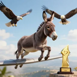 a donkey jumping from plane, eagles in the background, award winner, realistic, volumetric lighting, octane render