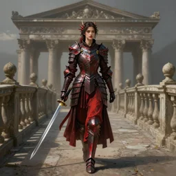 woman in dark and red princess dragon armor, she is holding a katana sword, walking on an ancient neoclassical bridge. by henriette ronner - knip, by william henry hunt, concept art,