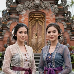 portrait of jordan carver and lindsey pelas wearing kebaya in bali temple, by charlotte grimm, natural light, detailed face, beautiful features, symmetrical, canon eos c 3 0 0, ƒ 1. 8, 3 5 mm, 8 k, medium - format print,