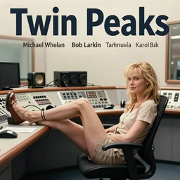 Twin Peaks poster artwork by Michael Whelan, Bob Larkin and Tomer Hanuka, Karol Bak of portrait of radio host Tilda Swinton!!!!!!!!!! lounging in her radio sound booth, alone, late at night, listening on old headphones, David Bowie travels via electricity and beings to fuse and twist around Tilda Swinton's head, their minds become one, from scene from Twin Peaks, simple illustration, domestic, nostalgic, from scene from Twin Peaks, clean, cover of New Yorker magazine