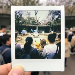 A polaroid photo of pokemons in a Zoo being watched by visitors