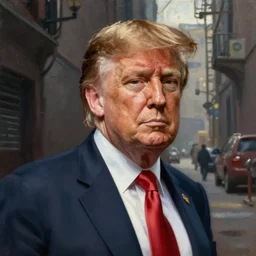 a perfect, realistic professional oil painting in classicism style, of Donald Trump posing in a dystopian alleyway, close-up, by a professional American senior artist on ArtStation, a high-quality hollywood-style concept