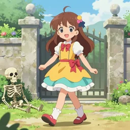 a very cute art of a smiling anime girl idol wearing a colorful dress, walking at the garden, walking over a skeleton, in the style of anime, near a stone gate