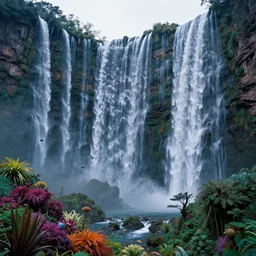 landscape photography, alien sifi cosmic wall of waterfalls, high waterfalls and sifi colors plants, colorful plants, beautiful lake on the bottom with light reflections, cold lighting, morning hour, beautiful, kodachrome, 4 k, hd