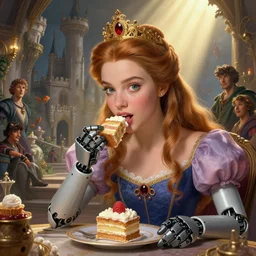 highly detailed closeup portrait of a fairytale princess's favorite robot eating cakes in the castle, nicoletta ceccoli, mark ryden, lostfish, earl nore, hyung tae, frank frazetta, global illumination, god rays, detailed and intricate environment