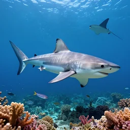 a beautiful, noble, great white shark : 1, underwater scenery, beautiful colorful corals, remora and other sea creatures of the ocean - life, god - rays, volumetric lighting, 8 k, digital art