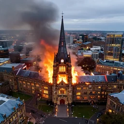 University of Melbourne in flames, 4K drone photography