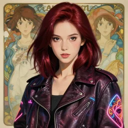 pretty young woman with shoulder length shiny shimmering dark red hair and wearing a stuffed leather jacket with neon, path traced, highly detailed, high quality, digital painting, by studio ghibli and alphonse mucha, leesha hannigan, makoto shinkai, disney