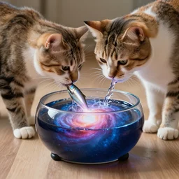 A cat spilling a fish bowl that contains the universe.