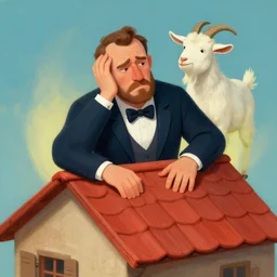 a nervous rich mayor gambling his roof for a discouraged goat, art, matte painting,