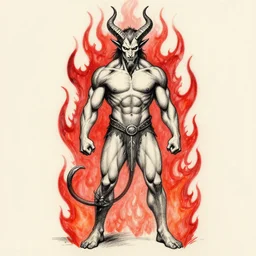 full body drawing by Luke Starkie of a muscled horned Satan Devil, red flames in background
