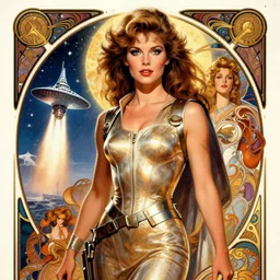 Jennifer connelly  as a stunning ,  beautiful retro SCI-FI space heroine 1985 , star ship taking off in the background on the left side , movie poster, intricate, elegant, highly detailed, centered, digital painting, trending on artstation, concept art, smooth, sharp focus, illustration, art by illustration, Unreal Engine 5, 8K, art by artgerm and greg rutkowski and alphonse mucha WLOP